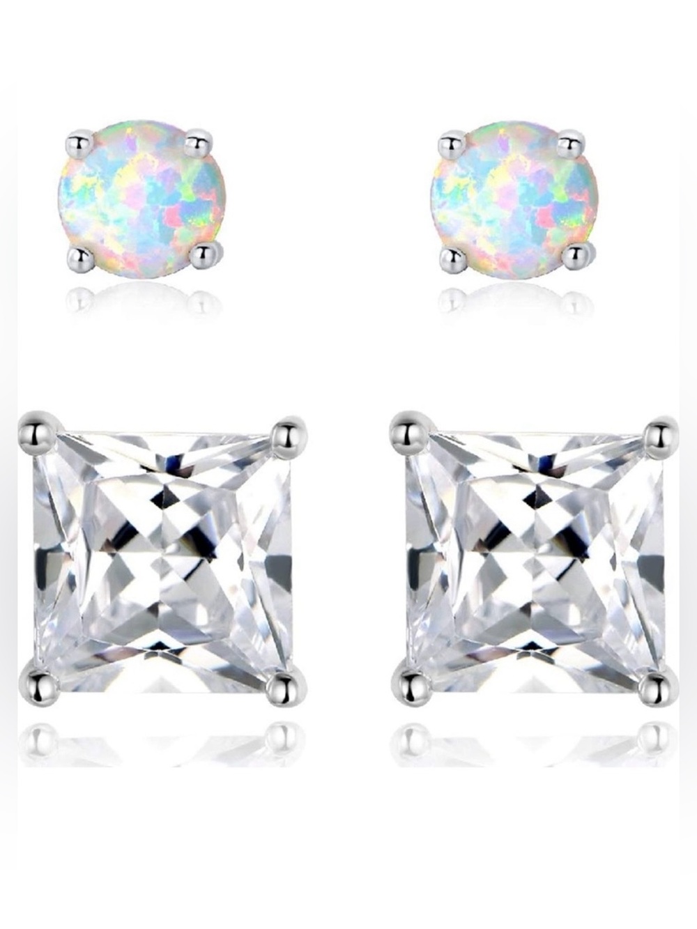 NEW✨ Set of 2 18K White Gold Plated 3mm Opal & 7mm Cubic Zirconia Stud Earrings